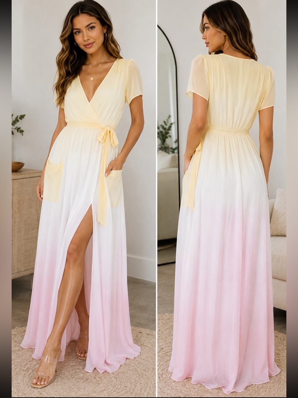 LPA Dress 530 Ombre Maxi Dress Yellow Pink REVOLVE Flutter Sleeve Slit